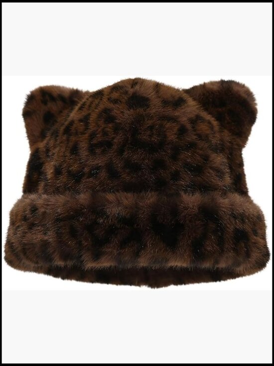 Faux Fur Cat Ear Beanie Hat Leopard Print Fluffy Winter Warm main image 6